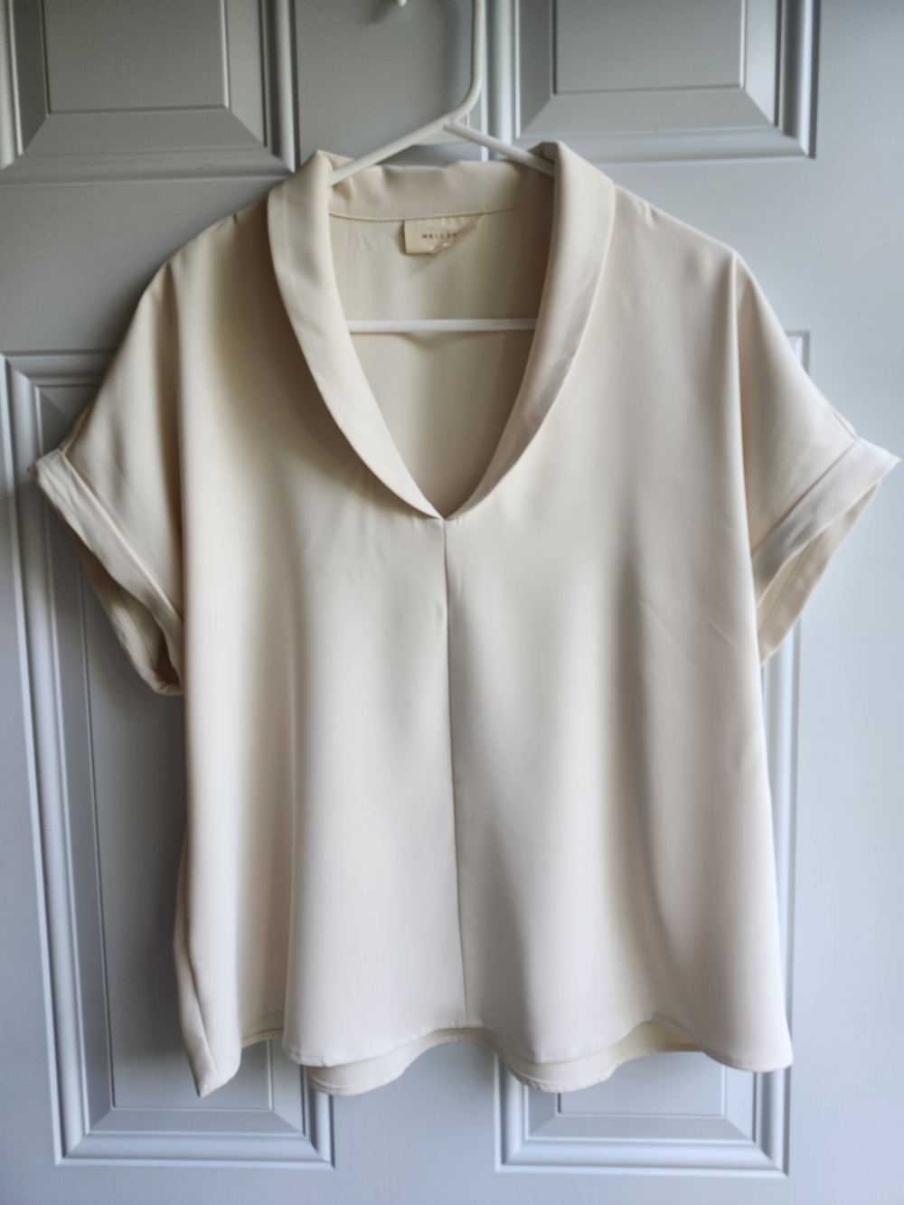 Melloday Ivory Shawl Collar V Neck Blouse Cuffed Sleeve Quiet Luxury L - Picture 3 of 11